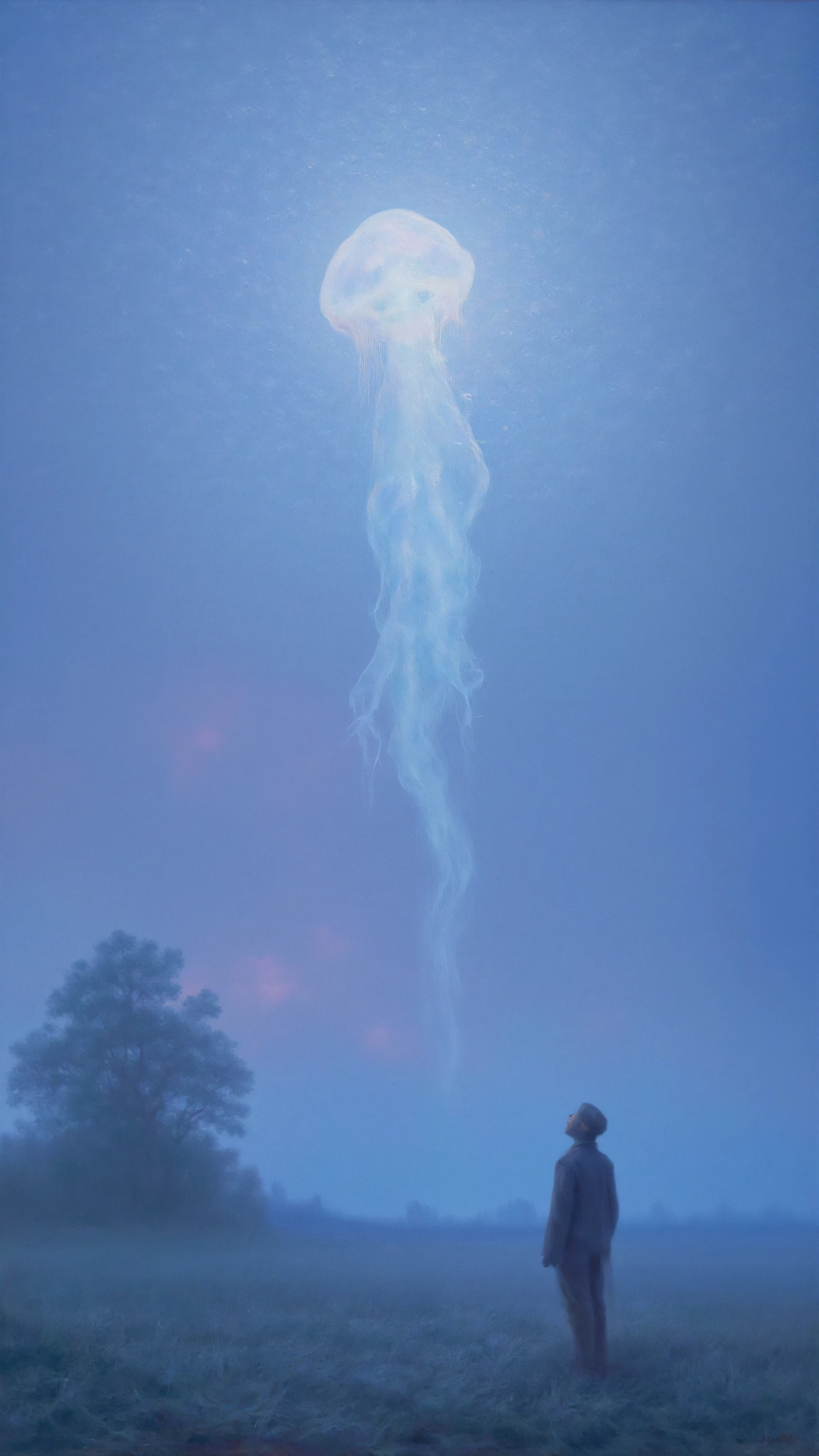 impressionist,are in reverse,Upward Shot,Smoky,A man looks up,Look at the huge jellyfish blurry in the smoke, blue, pink vibe。
