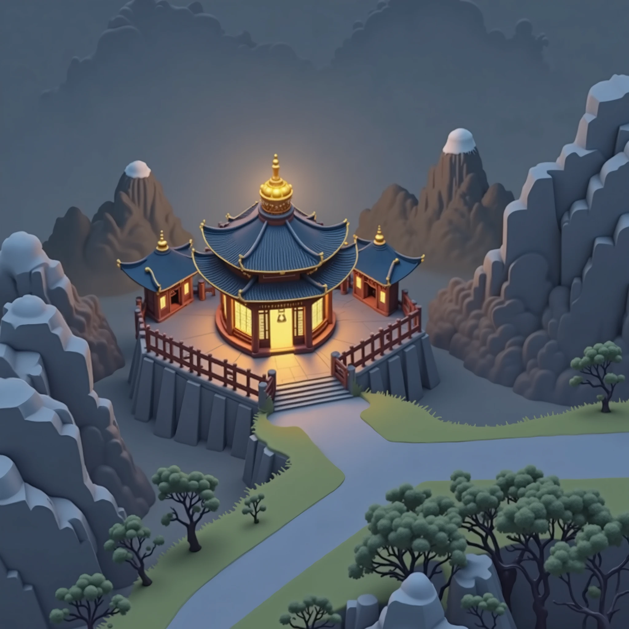 Please , creates a Guofeng Xianxia map with the following characteristics:
创建一个略带Ink Style格的国风仙侠建筑(Isometric perspective),Ink Style, is very nice , masterpiece, is the best quality, realistic photos, Professional, perfect composition,National style element ,is very nice , funny roof, high precision
An important: Don't use the name , tag or text on the map . I just want a geographical layout reflecting the description .