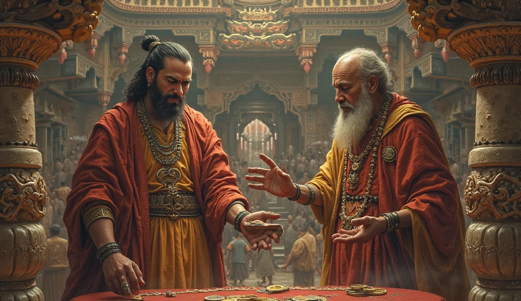 Shakuni at the Game of Dice: In a grand, opulent hall, Shakuni sits at a large, ornate table, a cold, calculating expression on his face. His twisted legs are hidden beneath the table, but his clouded eye glints with malice as he rolls the bone dice, knowing the outcome is already determined. Across from him, Yudhishthira appears distraught and defeated, his posture slumped, as he realizes the gravity of his losses—his kingdom, his brothers, his wife, and his honor. Surrounding the table, the Kauravas, including Duryodhana, lean in with greedy anticipation, completely unaware that they are mere pawns in Shakuni’s grand scheme. The dice in mid-roll, glowing with an ominous aura, symbolize the fate that has already been sealed by Shakuni’s hand. The atmosphere is tense and filled with a sense of inevitable doom, with shadows cast long across the opulent room, reflecting the darkness of the moment.sakuni wearing eye patch in comic style 
