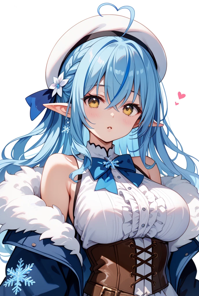 (muste piece), (best quality), (score_9, score_8_up, score_7_up), very detailed eyes, expressive eyes, perfect face, very detailed face, highly detailed face, beautiful girl, 8K, beautiful girl, white background, delicate and beautiful face and eyes, dark intense shadow, 
1 girl, vtuber style, cool girl, hololive, Yukihana Lamy, Elf ears, blue hair, heart ahoge, see-through:white sundress, sleeveless dress, suspender dress, dress bow, bent over, armpit, one hand on head ,  very big chest, Cleavage, cropped shoulders, clavicle, charm smile, blush, (full body), straw hat, naked thighs, sandals, standing, 