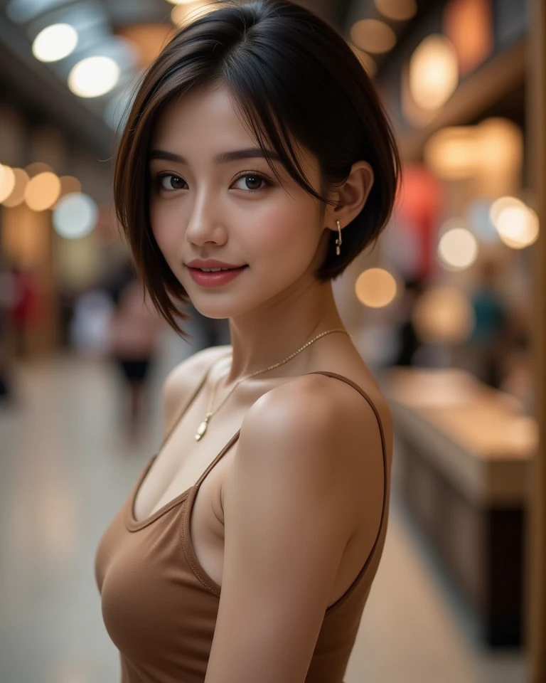 8k, masterpiece, RAW photo, best quality, photorealistic, extremely detailed CG unity 8k wallpaper, Depth of field, Cinematic Light, Lens Flare, Ray tracing, (extremely beautiful face, beautiful lips, beautiful eyes), intricate detail face, ((ultra detailed skin)) 1girl, in the dark, deep shadow, pretty asian girl, 1 girl, (very slim slender fit-muscled body:1.3), ((looking at the viewer)),(big smile:1.3), (fashion garden, dark night, (neon sign), (blurred background), street night),(without people in the background:1.3), beautiful earrings, bracelets, necklace, pantyhose, clear eyes, (pale skin), (big eyes), face forward, ((upper body shot)), (looking at viewer:1.3) very slim, medium breasts, (Ultra-realistic, gazing at the viewer, (hight resolution), (8K), (ighly detailed), (Brown hair, short-hair), (Woman in red shirt), (see through tight blouse), (Slim body), white denim pants