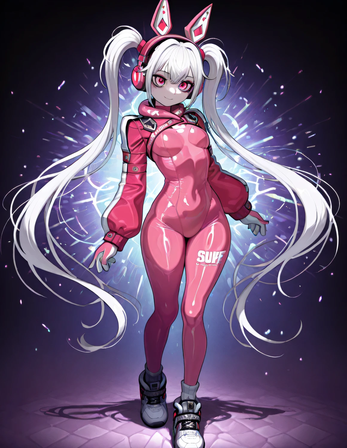 masterpiece, top quality, amazing quality , red eyes ,sauce_ ANIME BREAK 1GIRL, alone, Alice Def , Pink eyes , White hair, Twin tails, very long hair , bangs , headphones, fake animal ears , 동물 귀 headphones, shoulder shrug \(clothes\), Long sleeve , big , Pink Bodysuit , Latex Bodysuit , Colorful gloves , pink gloves , white gloves, Sneakers, socks, eyeliner , make up, lashes, viewer, smiles, clairvoyance, Standing, curvy , beautiful eyes , detailed eyes,Eyes HD , detailed eyes, High definition eyes