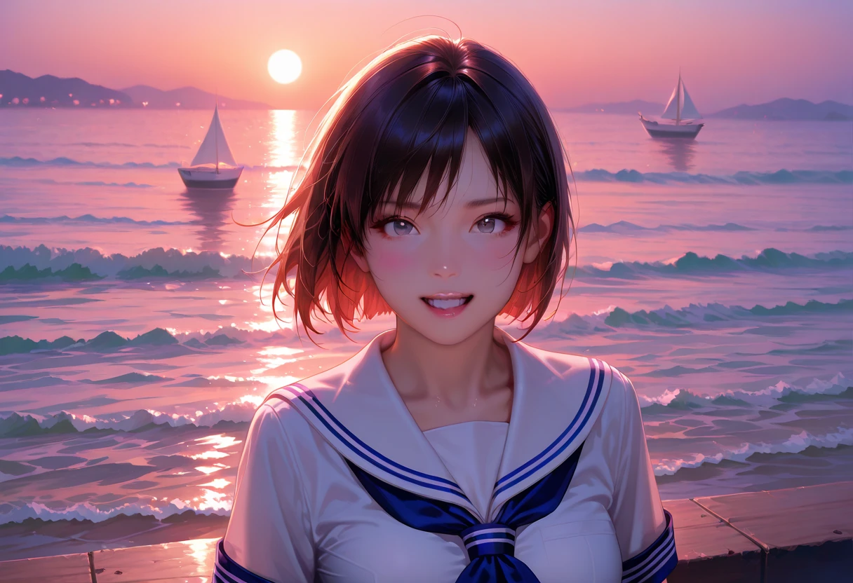 photos、Natural lighting、photo realism、Cinematic Rendering、raytracing、best-quality、Highest detail、Cinematic、Third Person View、Blur effect、Long Exposure、ultra-hd、Natural lighting、Moody Lighting、Cinema tick writing、detailed backgorund、A girl、sailor clothing、sunset --auto