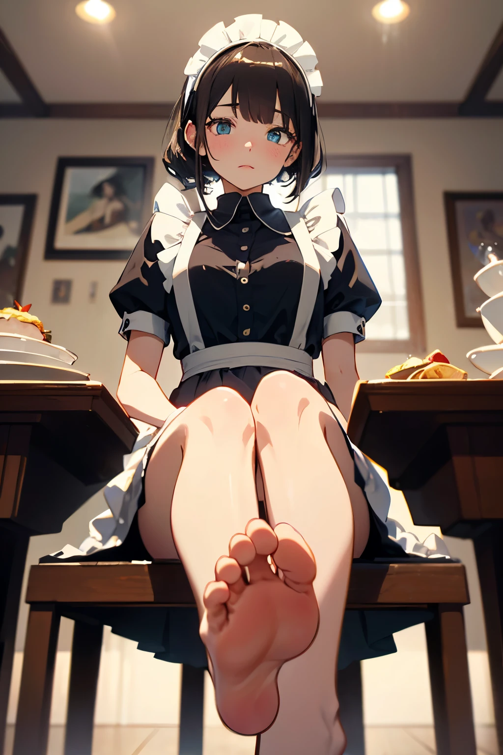 barefoot sole,
housekeeper, maid outfit on apron,
sitting at table, looking at viewer, stick out legs straight,
currently master-servant relationship is reversed,
she confirms loyalty with her feet,
from front below, closeup barefoot sole,
dark cloudy day, in darkness dining kitchen,
masterpiece, best quality, extremely detailed,
crisp image, sharp image, kodomomuke, blurry background,
detailed face, detailed eyes, detailed hair, (detailed barefoot sole),
highly detailed background, natural cinematic lighting,