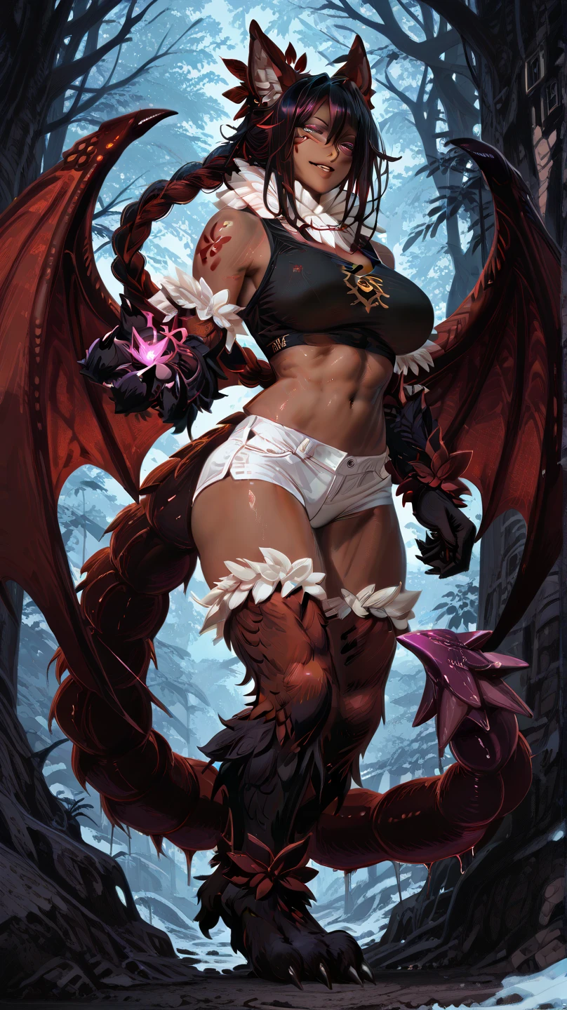 Blonde flat chest,crown,red scales,dragon claw,Red Dragon Tail,Bikini,thong,Bare Legs,iron boots,rosarium