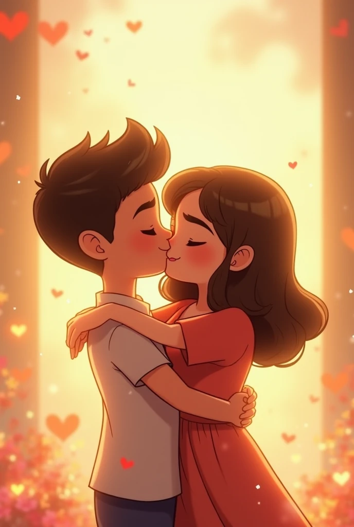 Cartoon beautiful girl and handsome boy close together and kissing. Boy wearing hoodie printed letter "I" girl wearing hoodie printed letter B on flower background