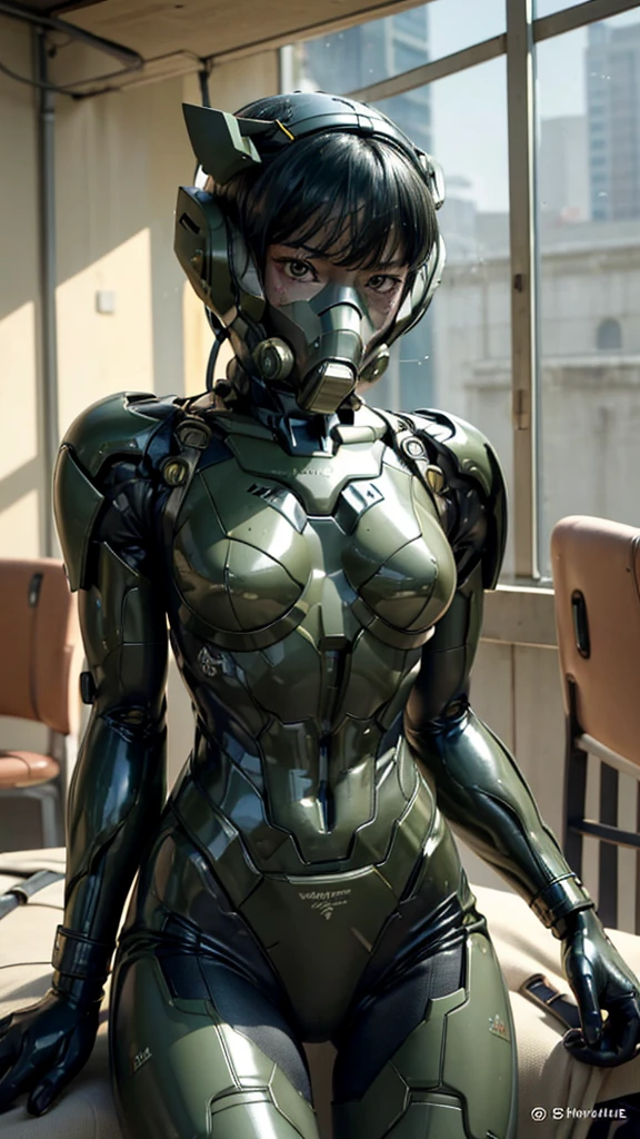 最high quality非常に詳細, Advanced Details, high quality, 最high quality, High resolution, 1080P, hard disk, beautiful,(War Machine),(Snug-fitting headgear),See the big picture,beautifulサイボーグ女性,Dark Green Mecha Cyborg Girl,Battle Mode,Mecha Body Girl 8k dark green body armor Elementary school girl Sweaty face Droopy eyes short hair Gas mask with extension nozzle boyish Steam coming out of my head My hair is wet with sweat Black Hair, Steam coming out of the mouth Lie in bed with no exposed skin