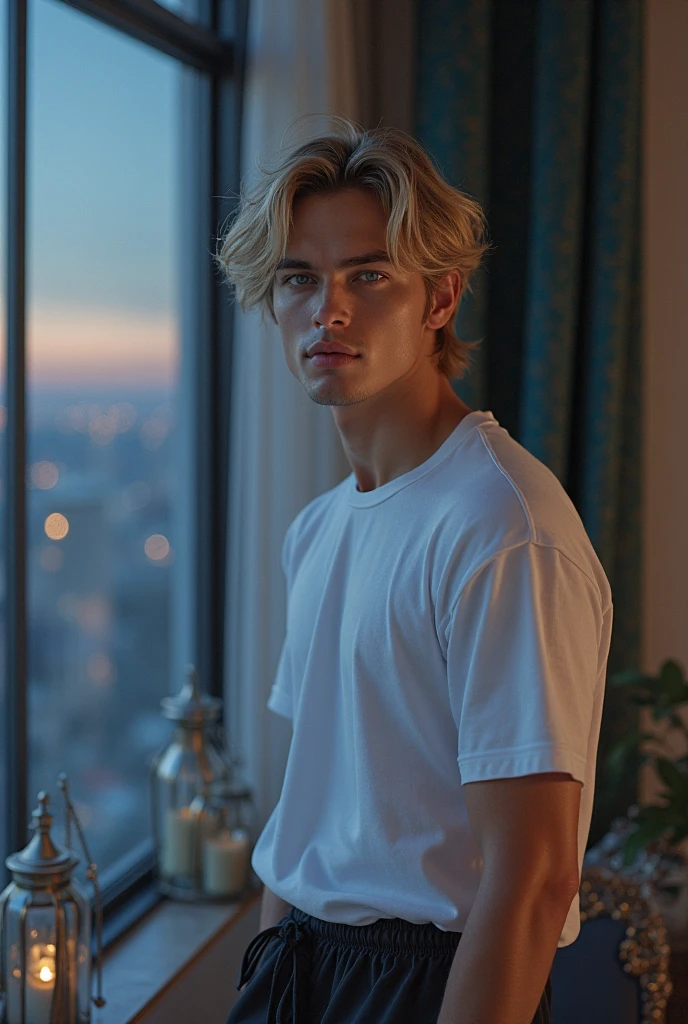 hyper realistic portrait of Dylan spouse, 22 years old, with long flowing blonde hair and blue eyes. male, guy, chiseled, handsome, he should have a natural, approachable expression and be lit by soft, blue light, canon eos r5, raw format, sitting on a modern sofa in a modern marble mansion, background is detailed and luxurious living room, full body, panoramic window view of the New York skyline, wearing acne studios