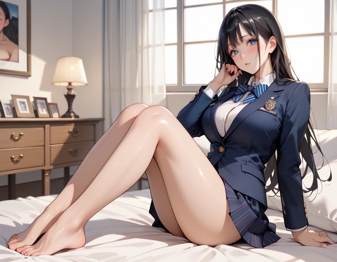 Sexy woman, seductive gaze, parted lips, white shirt, blue tie and skirt, kneeling down on bed, tying her hair in a bun, night time, candles lit