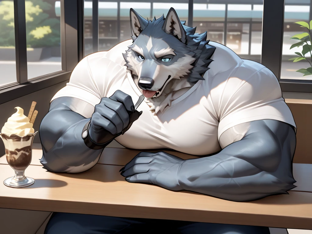 classroom、Black Wolf、Male wolf、(((Bodybuilder)))、Upper body naked、Navy blue shorts、A whistle is hanging from his neck.、laughing、Mouth open、(Thick arms)、Thick legs、Spread your legs、((Sweating profusely))