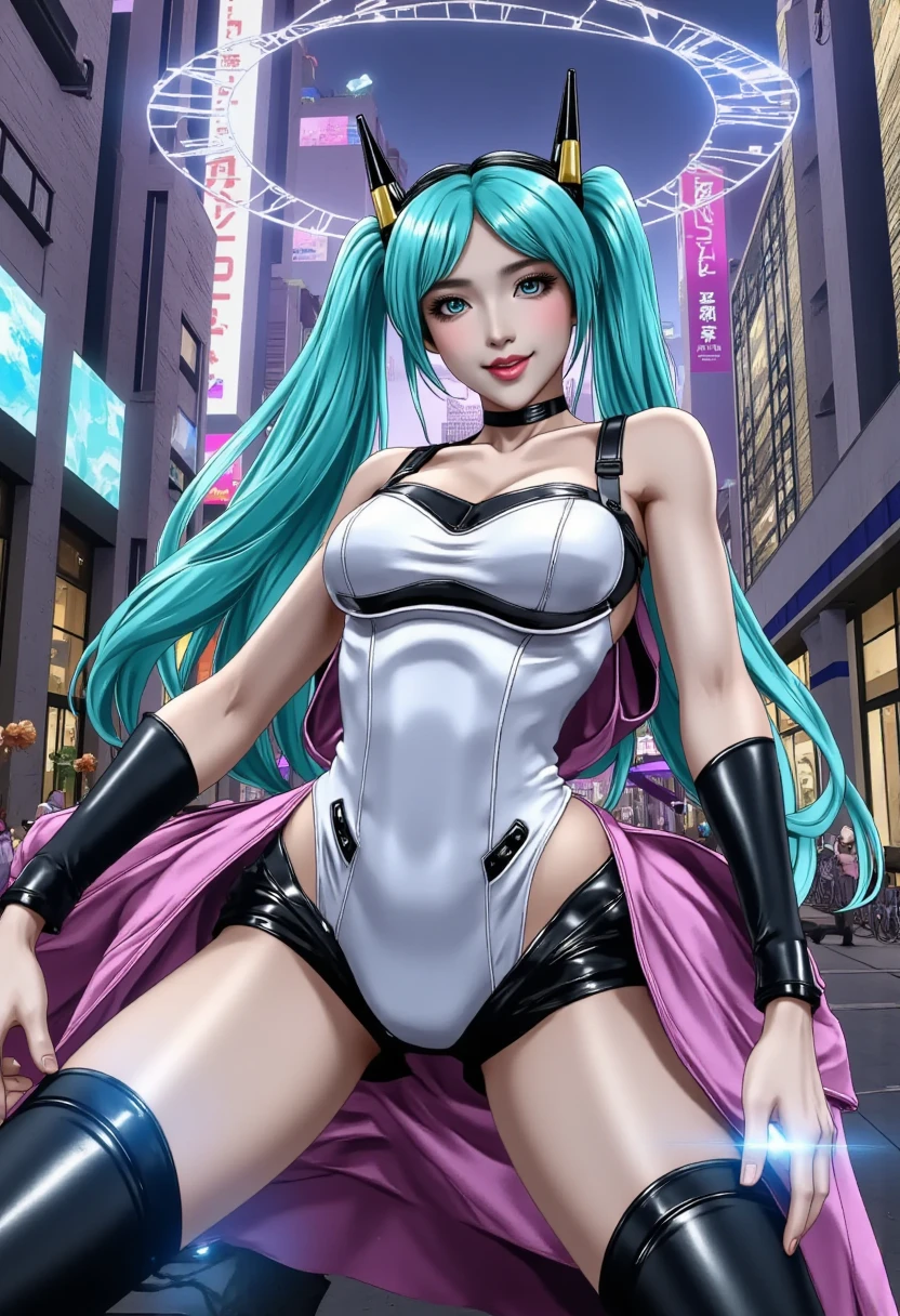 (La mejor calidad,A high resolution,Ultra - detallado,actual),Ariana Grande, chica anime Cosplay, anime Cosplay, (Hatsune MikuCosplay:1.4) , foto de Cosplay, dos colas blancas_guantes, Cosplay, lindo anime waifu con un bonito vestido, chica anime con pelo largo, Diosa del anime, Cosplay elegante y glamoroso, chica anime disfrazada de sirvienta, More detailed 8K.motor irreal:1.4,High Definition,La mejor calidad:1.4, fotorrealista:1.4, textura de la piel:1.4, obra maestra:1.8,obra maestra, mejor calidad,objeto Objeto], (rasgos faciales detallados:1.3),(Las proporciones correctas)(Detalles de la cara: 1.5, ojos azules brillantes, hermoso rostro, ojos bonitos, Contorno del iris, labios delgados: 1.5, Thin, sharp pale eyebrows, Long, dark eyelashes, double tabs),,  (pose vaquero), ,( ciberpunk 2.1), (vestuario kawaii :1.4), manos perfectas: 1.5, (perfect anatomy), (tokyo night alley background:1.4) 