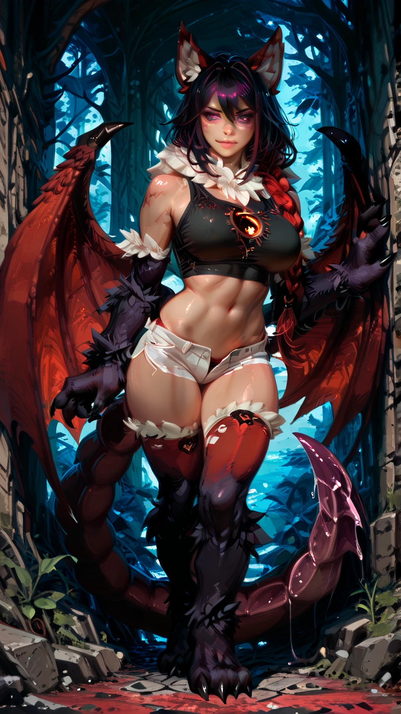 1girl, detailed face, beautiful detailed eyes, beautiful detailed lips, extremely detailed face and eyes, long eyelashes, red eyes, fire witch, blood on face, flying hair, small breasts, cleavage, navel, wide hips, light particles, lightning rays, colorful, high contrast, vampire, smirk, evil smile, psychopathic smirk, psychopathic smile, tilted head, dark fantasy, dramatic lighting, supernatural, moody, cinematic, vibrant colors, volumetric lighting, dramatic atmosphere, intricate details, masterpiece, best quality, 8k, high resolution, hyper detailed, photorealistic