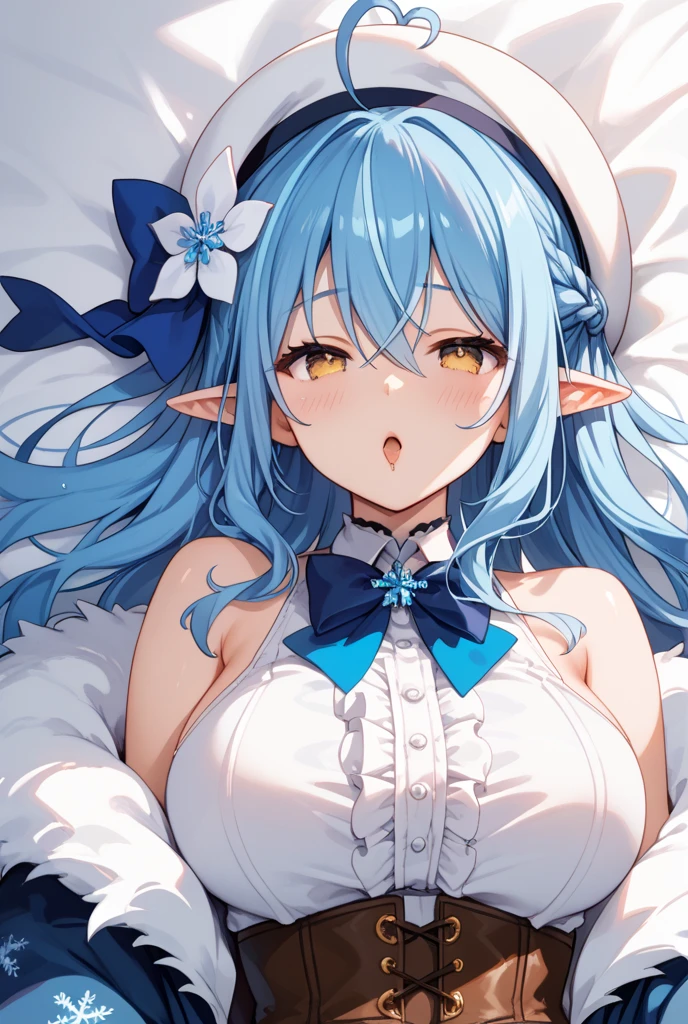 1 elven girl, solo, breasts, look down from above , blush, very long hair, bangs, light blue hair, hair style is twin tails,hair ornament is flower, shirt, long sleeves, large breasts, sleeping together , sleep,open mouth, closed eyes, collarbone, white shirt, open clothes, collared shirt, indoors, open shirt, dress shirt, elf, bare lower half of the body ,on bed, partially unbuttoned ,no bottoms