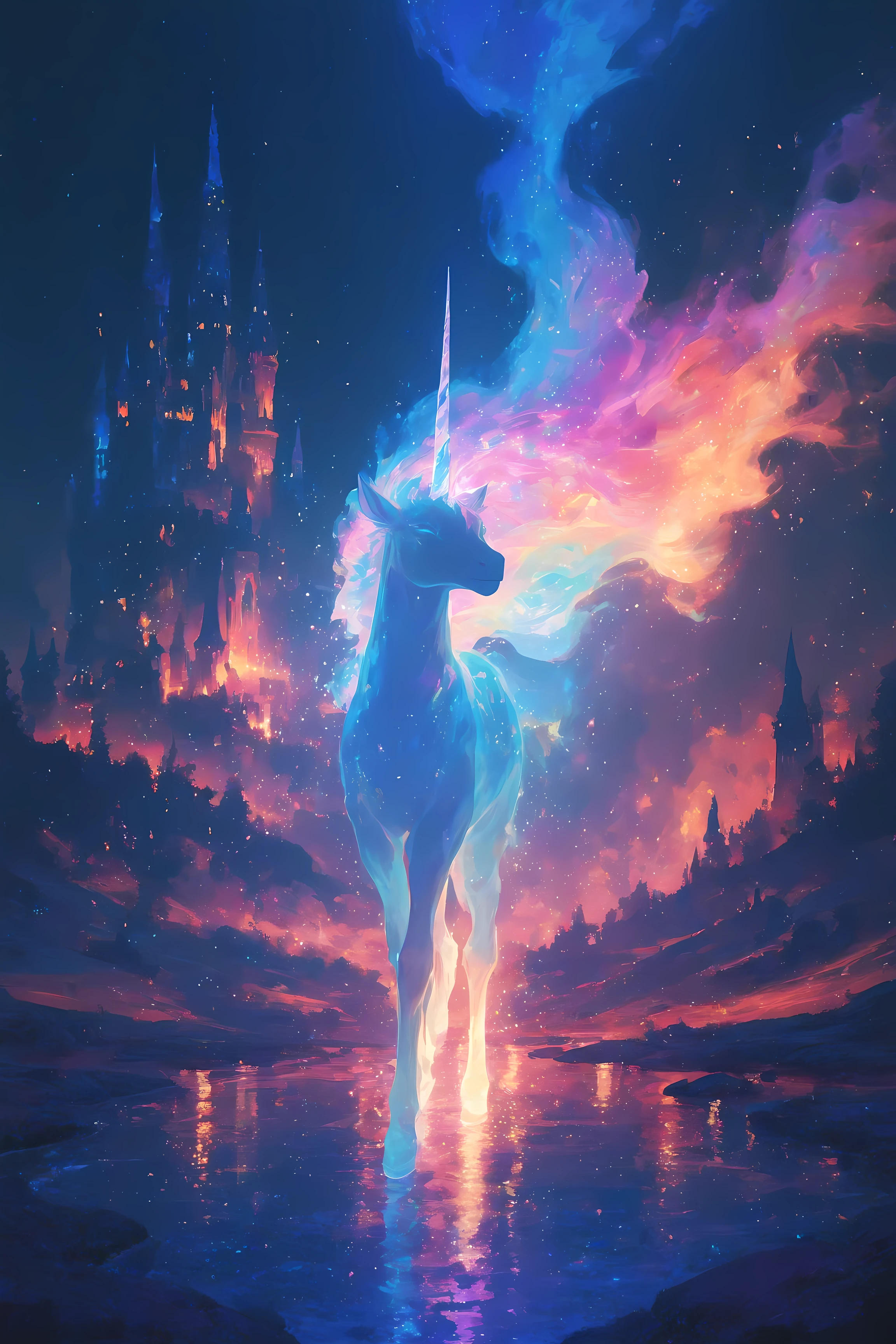 a majestic unicorn with an ethereal glow,iridescent mane from a unicorn's horn, Stand Up,A magical landscape , rich colorful colors to illuminate a foggy night, an enchanting castle on background, a path of light that sparkles in quiet water, fantastic dream land,focus on the unicorn,dramatic lighting, spirit of wind,8k,HDR,