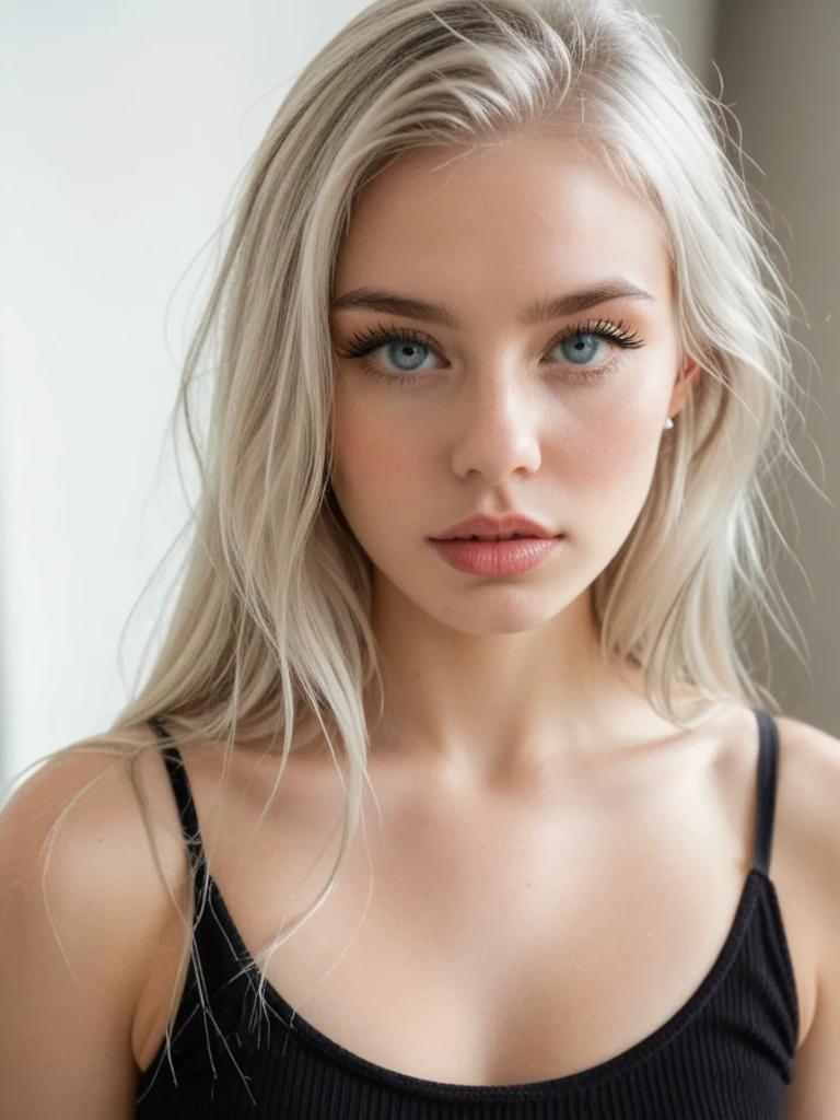 young silver blonde woman with light blue eyes, photorealistic