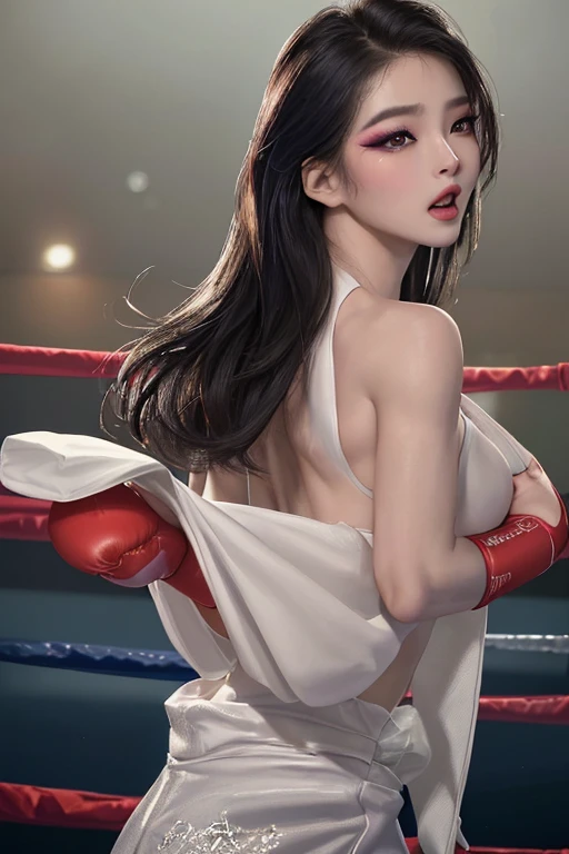 Korean beauty,18 years old,Pretty Face,Good shape,detailed picture, Shy expression,Stick out your tongue, blush,White long hair, Wearing cheongsam, Wear black garter stockings, Wearing boxing gloves,No shoes, Sitting Alone in the Boxing Ring,Extend your right foot towards the camera,Large Breasts,Cleavage,Long legs,Thin waist,nipple,