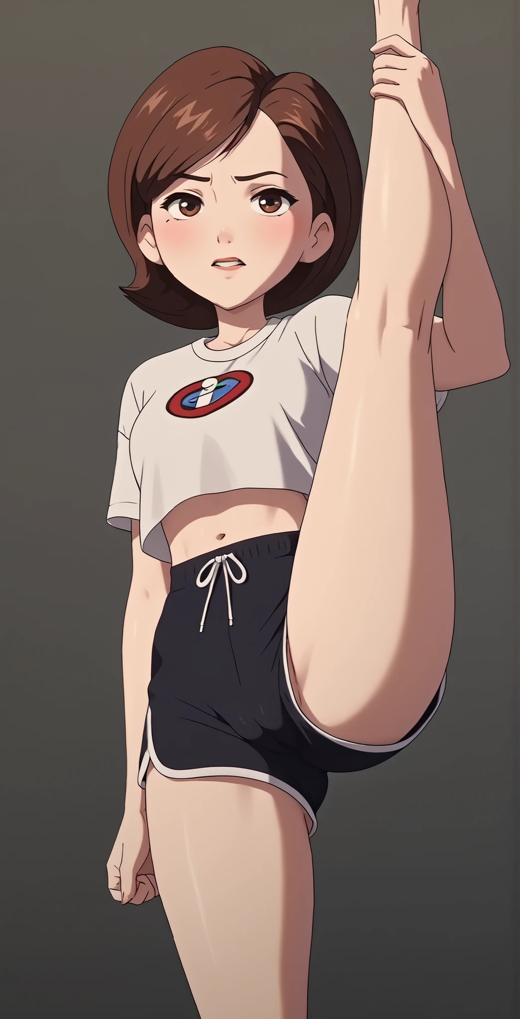 best quality, 32k, RAW photo, incredibly absurdres, extremely detailed, delicate texture, cute woman, messy pixie short cut, side braided, wearing gym uniform, kicking pose, amorous and lewd expression, superlative body proportion, background iridescent pastel color