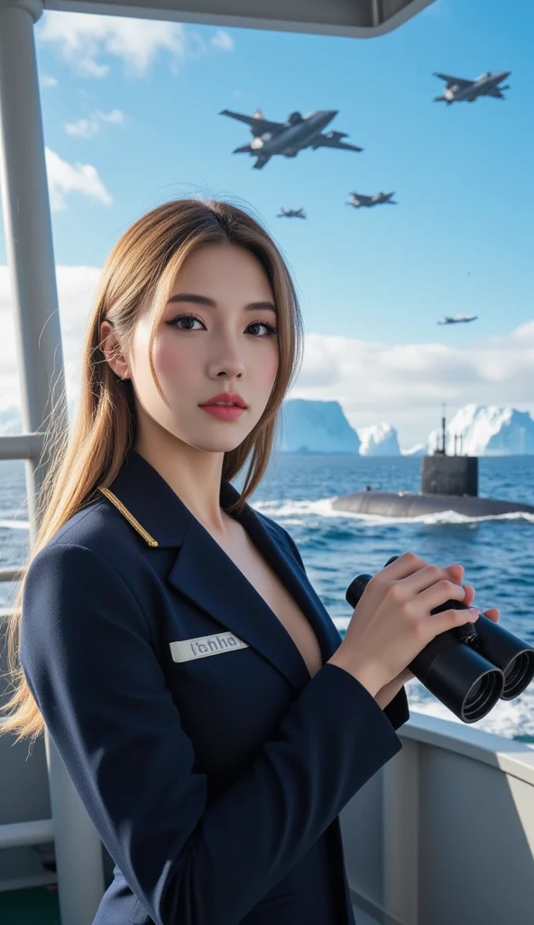 A photo of a Navy soldier standing alone on the deck of a battleship:1.77、((Her cleavage is visible through her navy uniform.))、Very detailedな目と顔, Realistic, Very detailed,32k,16K, 8K,Hyperreal Photography, wallpaper, Very detailed, High-resolution RAW color photos, Professional photography, Composition of the photo book、Realistic portrait, Cinematic Light, Beautiful details, smile, (Beautiful breasts:1.3), (Big Breasts:1.2), (Realistic skin:1.2), (最high quality:1.4), Very detailedな, high quality, Perfect hand from an anatomy point of view:1.55、Full body photo:2.2,In the background is the aircraft carrier Akagi、Battleship Yamato is visible。