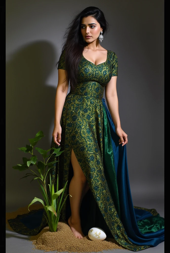 I need a women's suit over an elegant quetzal. , that it is comfortable to dance, add details of the quetzal's color and also gold 