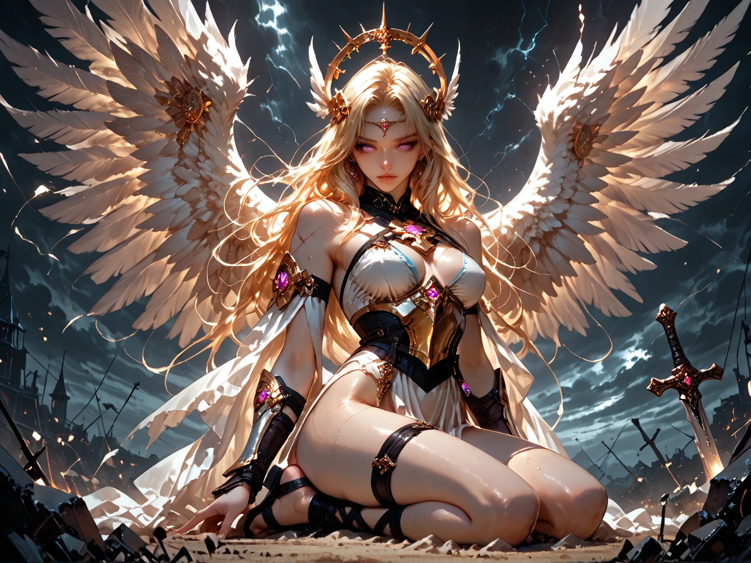 surrealism, High detail, Cinematic lighting, Ray tracing, angle of view, Eye level shots, hyper HD, Masterpiece, Textured skin, 4K, Best quality Close-up of woman with skull on shoulder, Anjo majestoso de whole body, Girl Angel Knight, angel in plastic armor, tall female angel, Beautiful angel girl ciborgue, beautiful female priest, Cushart Krenz Womenswear Key Art, Seraph, Shadowverse character concept, goddess. Extremely high detail, ( ( Character Concept Art ) ), Alafi angel with golden wings walking on the street, Anjo majestoso de whole body, super Wide Angel, Wide Angel shot, Wide Angel, Epic Angel Wings, 电影goddesswhole body照, epic angle and pose, angelica, Thick, Warm, share, Beautiful angel girl, Beautiful Angel, Long distance shot of tall angel, foto gigante e impressionante da goddess, woman with pink hair, whole body, whole body, Looking at the camera, Gurwitz&#39;s styleless artwork, ! sonho Ategum, Louis van Baarle Ross, estilo de arte Realist, IG Model | Ategum, Rose Tran, Inspired by Rostland, estilo Ategum, Ategum e atey ghailan, Gilded alafi in front of building, Angel Golden Armor, unreal motor render Knights of the Zodiac, Deusa Durada Atena, Like a mysterious Valkyrie, Gorgeous role-playing, Deusa Grega Atena, usando Golden armor, 3 d goddess minerva, Knights of the Zodiac, - Moon jewelry on forehead, Angry expression, Sad expression, Sailor Moon, Golden armor,  ([Long hair]:1.8), (whole body:1.8), (站立whole body像:1.8), (Upper Body向上:0.3),portrait, , middle Ages, Classicism, Andrey Atroshenko-Estillo, painting, traditional media, Realist, Delicately symmetrical eyes, Detailed beautiful face, Figurative, fine art, 布面油painting, HDR, 8k, Original Characters, high resolution, high detail, Focus on the face, portrait, , middle Ages, Classicism, Andrey Atroshenko-Estillo, painting, traditional media, Realist, Delicately symmetrical eyes, Detailed beautiful face, Figurative, fine art, 布面油painting最好的质量, Huge breasts, 棕色Long hair, blue eyes, tight white dress, Sunset, Upper Body, Sexy, Angelic, Thin fabric, see through, Divine Light, Fluffy clouds,