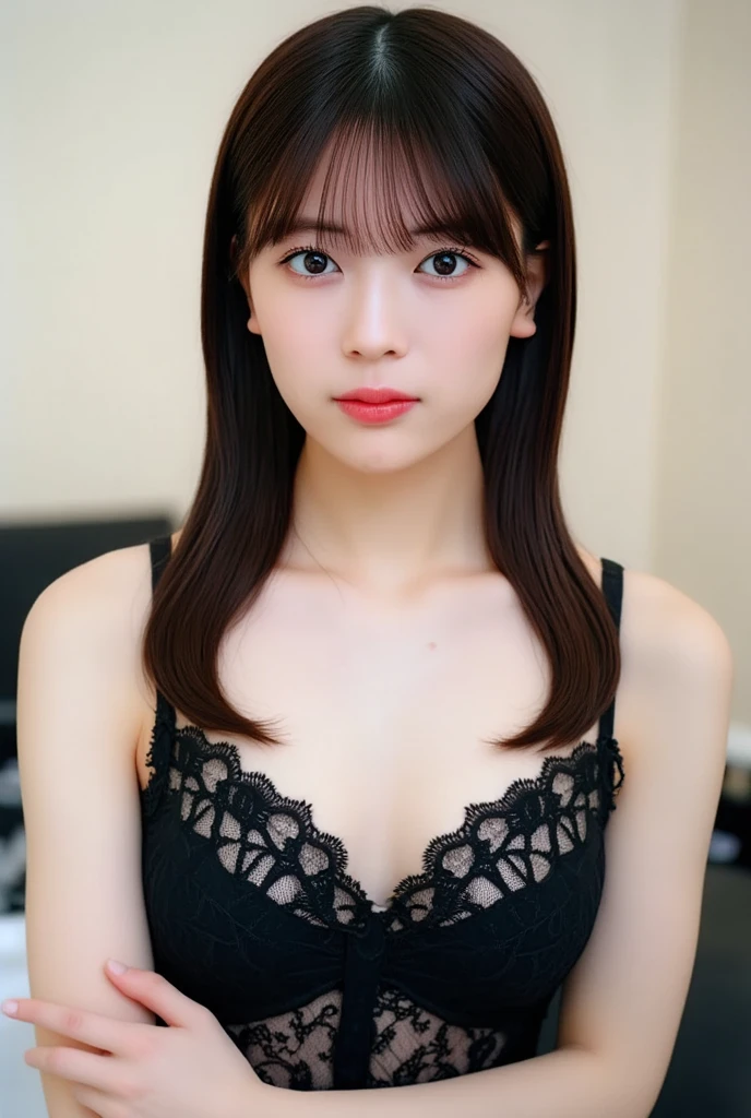 1 girl、tiny chest、Brown Hair Ponytail、Outrageous resolution、hight resolution、(masterpiece:1.4)、ultra-detailliert、Crisp details、Dramatic and photorealistic pictorial art、Super sexy goth loli lingerie girl、、A smile full of cuteness、Gray wallpaper background、