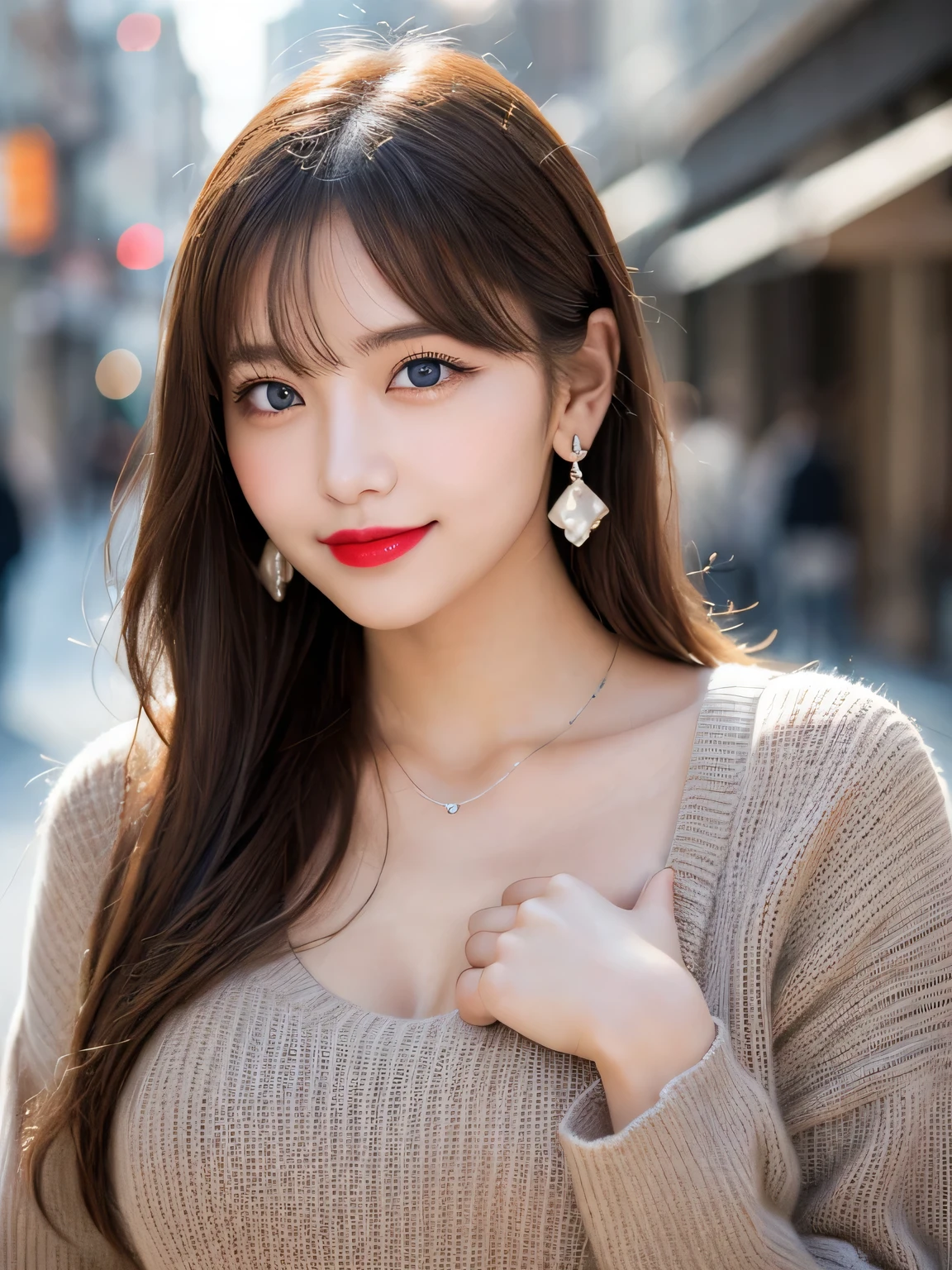 Urban beautiful girl college student, masterpiece, light makeup, Red lips, Silver Hair, Disheveled long hair, Street background, beautiful, elegant. Extremely fine detail, Master Works, Authentic texture, Realism in film lighting, Perfect job, 16k, High resolution, exquisite features,blue eyes、Japanese Idols、Beautiful face、Cute Smile、Brown Hair、beautiful hair、ponytail、glamorous、 Big Breasts、Erect nipples、Greasy muscles、Shiny skin、Sunburned skin、Glowing dark skin、Sexy knitted sweaters, Bright big eyes, Smooth Skin, Earrings, necklace, tattoo