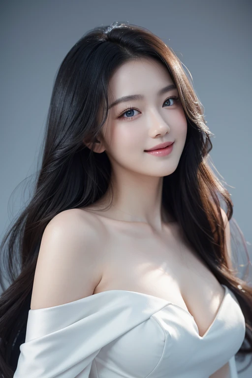 (Hyper-realistic), (illustration), (Increase the resolution), (8K), (extremely detailed), (Most Best Illustration), (beautiful detailed eyes), (best quality), (ultra-detailed), (masterpiece), (the wallpaper), (detailed face), Upper body photo, 1 Giant Breast Girl, 1 hand grasps the chest, looking at viewer, exquisite detailing, detailed face, cropped shoulders, in the darkness night, deep shading, low tune, pureerosface_V1, smile, long white hair, Black shawl straight hair, 46 points oblique bangs