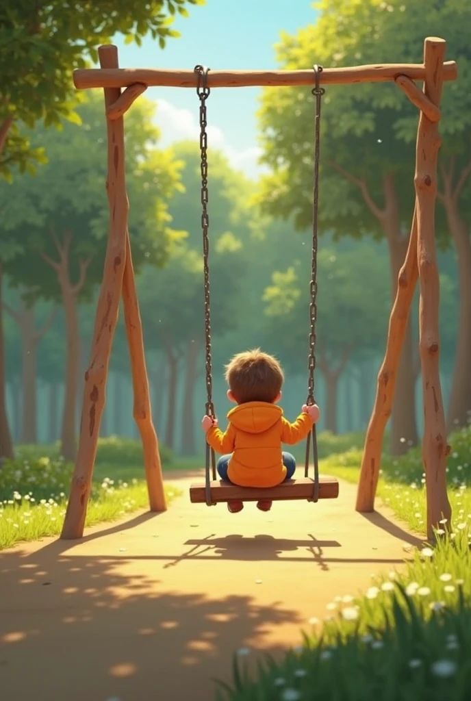 A sad boy sitting on a swing
