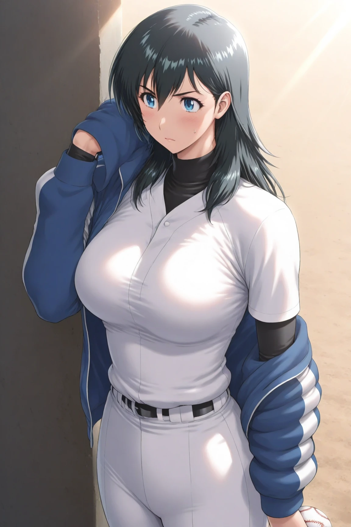 1girl, hourglass figure, mature female, milf, large breasts, ponytail, blue jacket, black hair, blue eyes, smile, black pants, short, white shirt, jacket, pants, long ponytail, large ponytail, very short hair, pixie cut