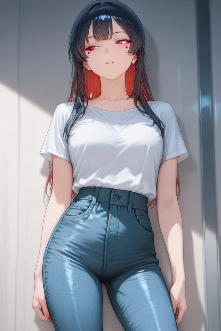 ((masterpiece,best quality anime,Highest quality:1.3)),realistic,cowboy shot,(25 year old beauty), gunslinger ,1woman,solo,((very small head:1.4)),((very long body:1.3)),red hair,bangs,straight long hair,gorgeous big eyes,brown eyes,smile,(Black collared shirt,No sleeve)、navel、(Denim mini skirt),((slender body:1.3,skinny)),small breasts,gleaming skin,shiny skin,sweat:1.3,Simple bedroom、The World of Westerns、