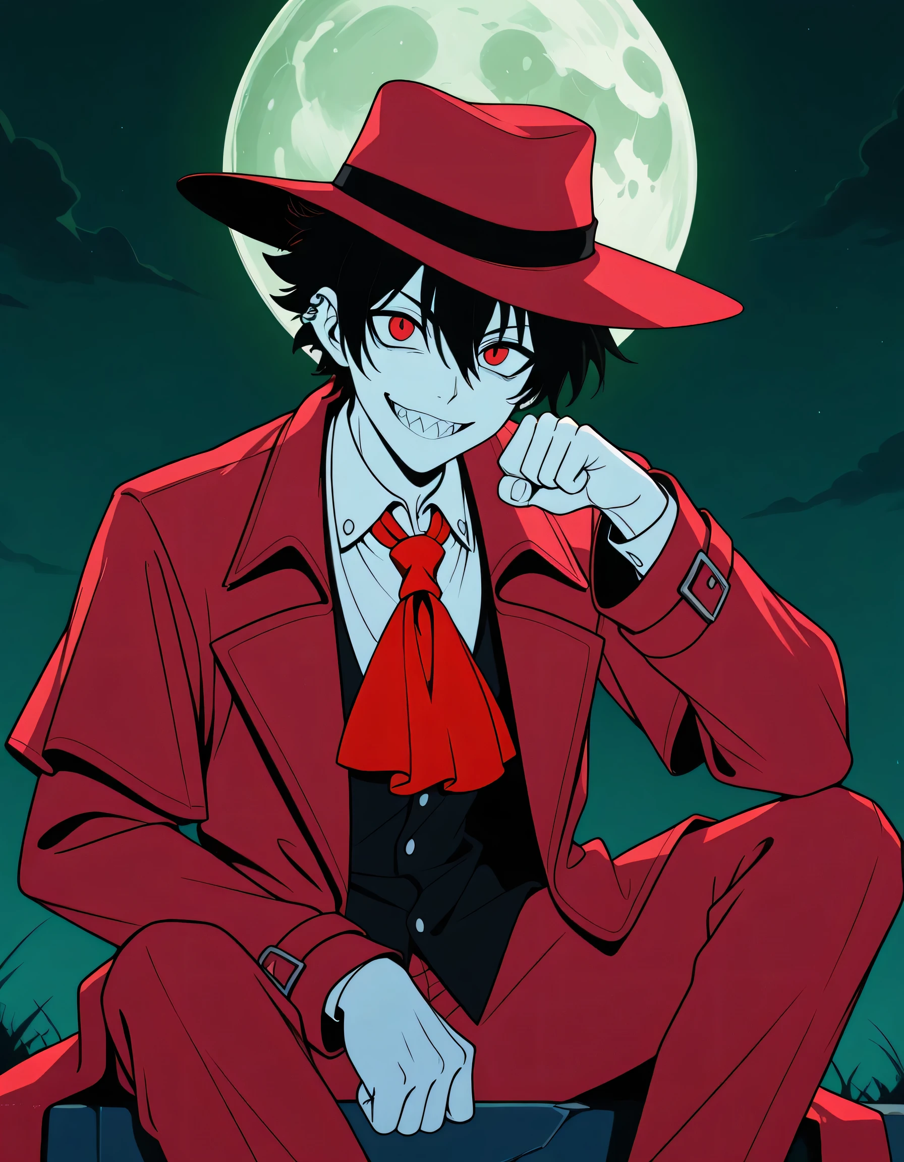 score_9, score_8_up, score_7_up, source_anime, One Boy,fullbody, sitting, hand up, clenched fist, green, sharp teeth, grin, aluHS, red hat, black hair, red eye, Red trench coat, Red Ascot, collared shirt, Clear Ear Covers, night , full moon,soft lineart,flat color background,