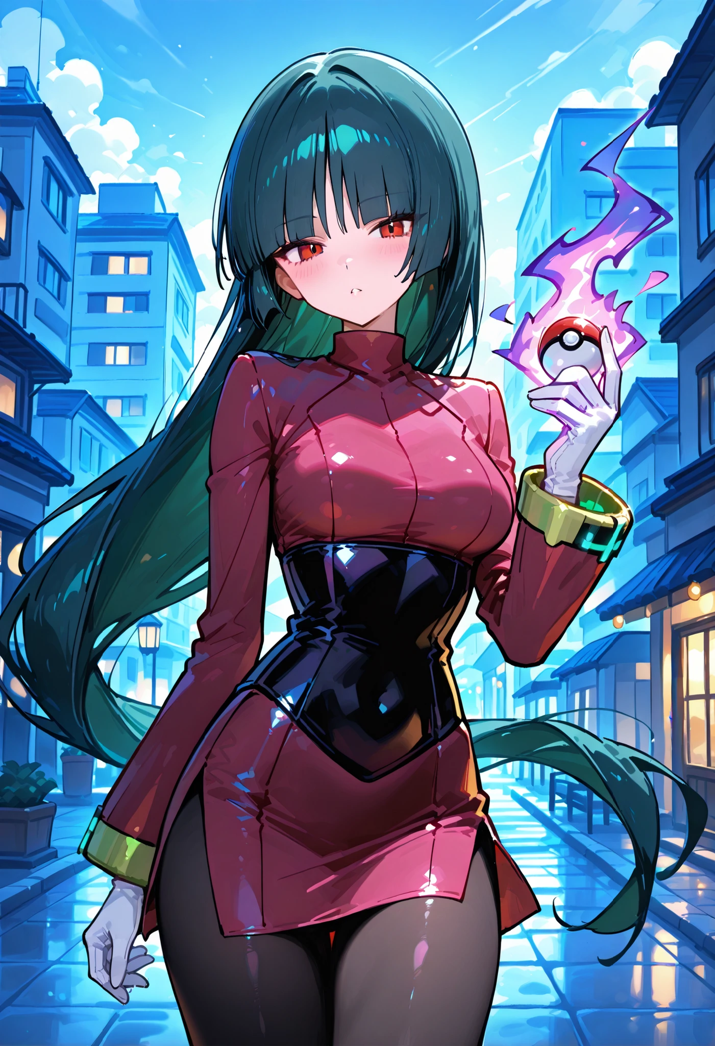 Sabrina - Pokemon, Greenblack hair, , 748cmstyle。Psychic Power。purple energy。 put one hand forward。 Palm。A row of buildings