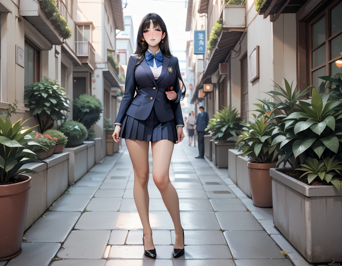 ((masterpiece、highest quality)),1girl,slender,Beautiful ,White skin,(Half Up),Captivating smile,mini skirt,blazer,belly button,ghs),Peace Finger,whole body,Street City,pedestrian crossing