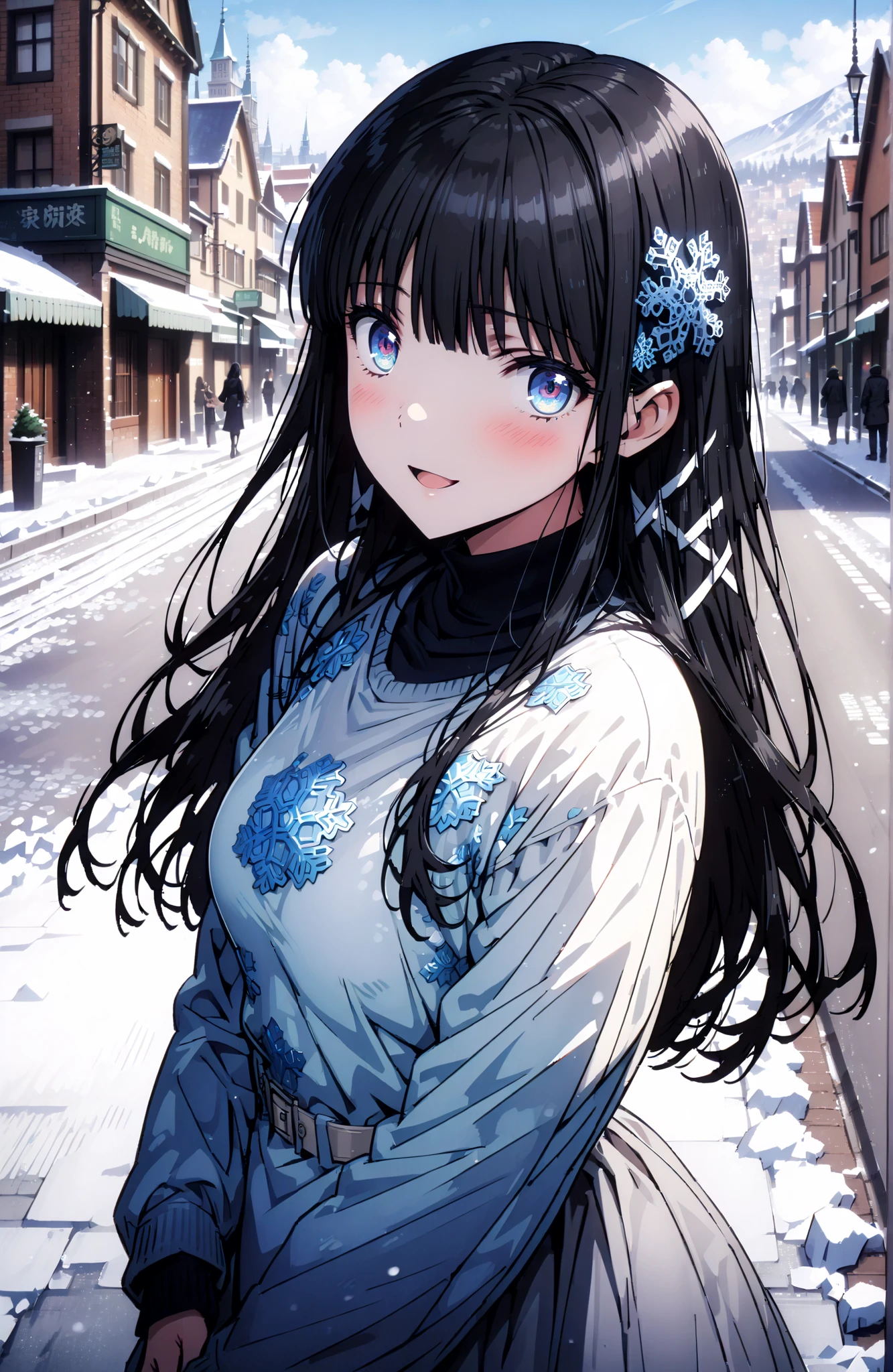 Miyuki Shiba, long hair, blue eyes, black hair, hair ornament, ribbon, hair ribbon, snowflake hair ornament, bungs, blunt bungs,smile,blush,open your mouth,Long jacket,TURTLENECK SWEATER,Long denim,Short heel boots,White handbag,noon,winter,snow,standing, Beautiful Streetscapes,building,full bodyがイラストに入るように,break looking at viewer,full body,
break outdoors, City,
break (masterpiece:1.2), best quality, high resolution, Unity 8Kの壁紙, ( illustration :0.8), (beautiful detailed eyes:1.6), Highly Detailed Face, perfect lighting, Highly Detailed CG, (perfect hand in h, perfect anatomy),