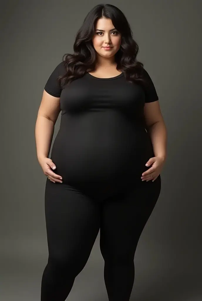 pregnant woman in black top and black pants reaching out, large round belly, thick and round belly, chubby woman, chubby belly, big belly, folds of abdominal flap, chubby, large belly, curvy woman, pregnant belly, portrait of a chubby woman, a chubby
