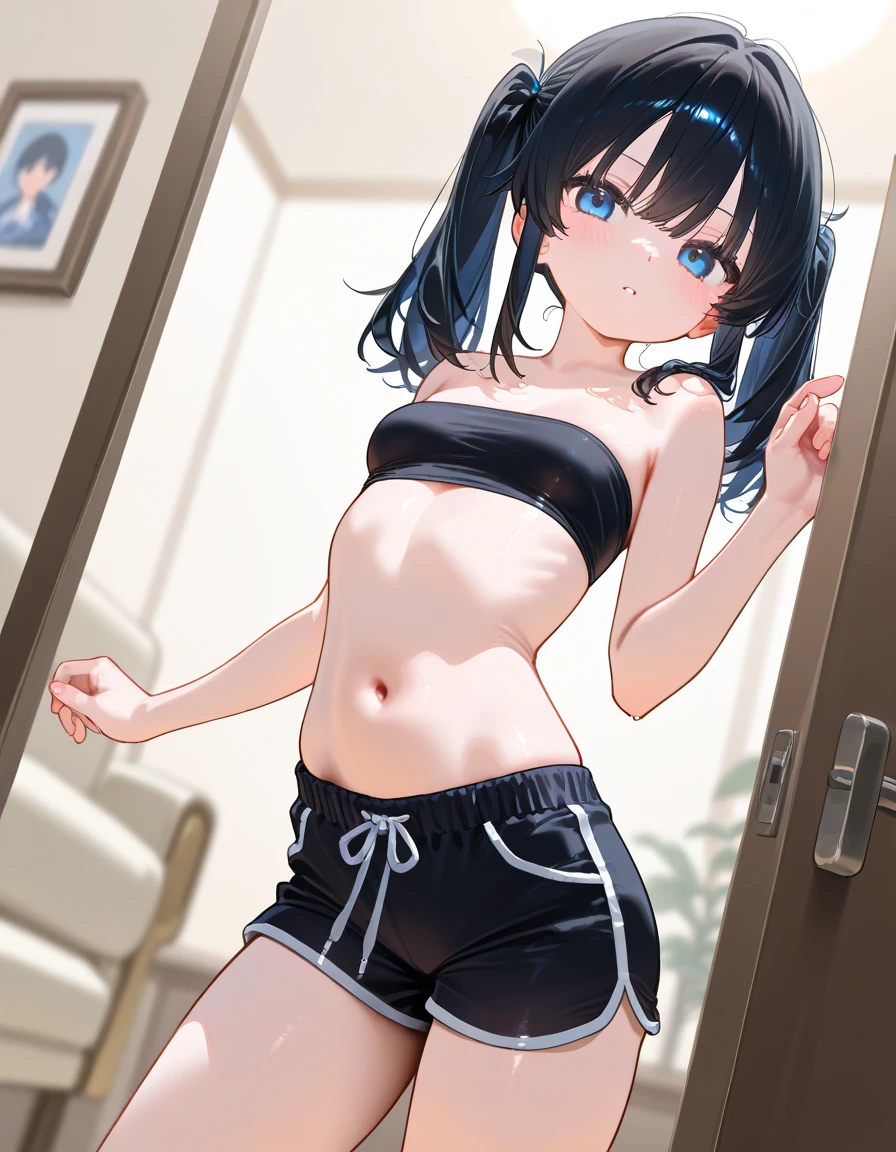 Highest quality,wonderful,finely,Highly detailed CG Unity 8k wallpaper, (1 Girl,Black Hair, blue eyes,short hair, Double Bang), (Small breasts:1.2), (School Swimsuit:1.1), (Bare shoulders:1.1), (clavicle:1.1), (Open your mouth:1.2), (Long Tongue:1.2), (Drooling from the mouth:1.2), (zettai ryouiki:1.2),(narrow:1.2), (Are standing:1.2)