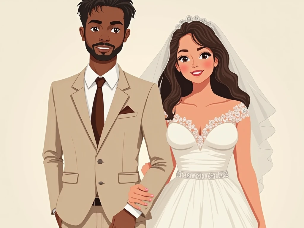 Imagine a couple, a man with gray hair and dark skin without any hair on his face, measuring one meter seventy in a suit and a woman with blue eyes and brown hair wearing glasses and long hair dressed as a bride , both looking forward and smiling . drawning