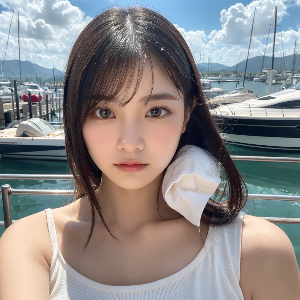 ((Best quality, 8k, Masterpiece, ultra detailed, ultra high res, photorealistic, raw photo, absurdres, absolutely resolution:1.5)), pretty girl, 1girl, slender abs :1.1, Shy Smile:1.8, bob cut, large breasts, As the sun sets, painting the sky with hues of orange and pink, a woman (captures a selfie:1.5) on a rooftop overlooking the city skyline. She’s dressed in evening casual, with a light scarf draped over her shoulders against the cooling air. Her smile is relaxed and joyful, embracing the beauty of the moment. The background features the silhouette of the city against the breathtaking sunset, symbolizing the end of a day filled with moments worth capturing