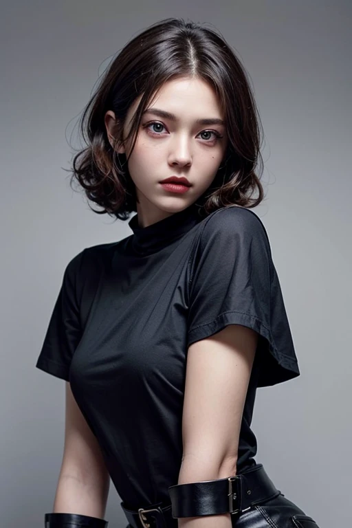 illustraion, aesthetically pleasing, 1girl, solo, slim, black hair, bobcut, bangs, black eyes, closed mouth, black shirt, short sleeves, turtleneck, upper body, standing up, realistic background