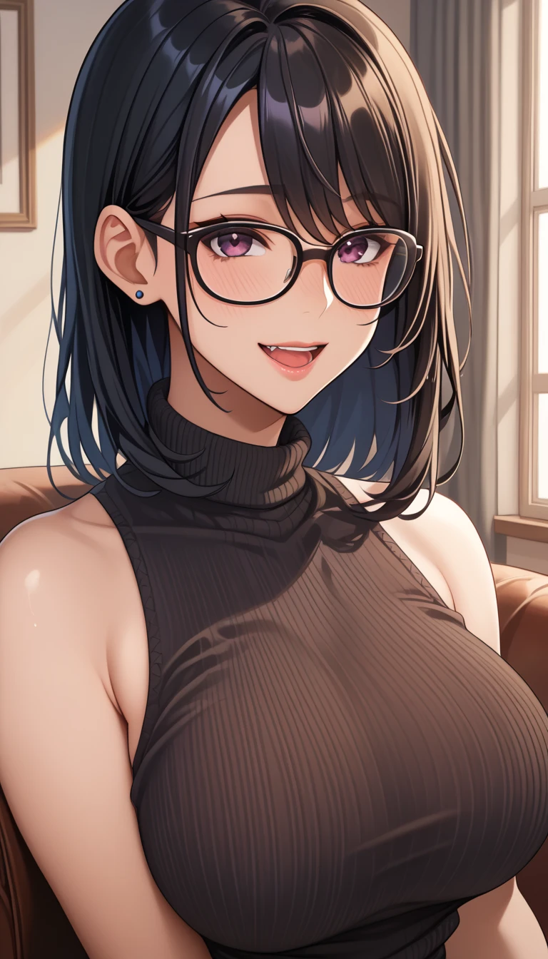 Hot sexy beautiful cute mil,brown see through t shirt,black pencil skirt, silver chandelier earrings,big breasts,  lipstick,makeup, black hair,two falling hair strands,blush,short hair , glasses 