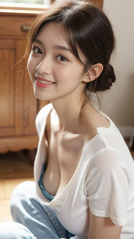 ((A neat and clean elementary school girl)), (Small person), ((Slim, Small breasts, Flat breasts, Small breasts)), Short black hair, It's photorealistic, Details, Detailed skin texture, Ultra Detail, Delicate and sexy collarbone, A shy smile, Super detailed face, detailed lip, Detailed eyes, ((A ))、Delicate eyebrows、((Short neck))、((Baby Face))、Professional photography、((Watching the audience))、Studio shot、People Shooting、((White bathrobe)),,((No makeup))With bangs,(Messy hair),(Japanese-style room),((Sitting upright on the tatami:1.2)),