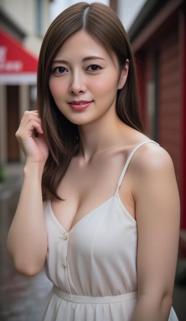 first person perspective, (masterpiece:1.3), High resolution, Super detailed, Highly detailed CG Unity 8k wallpaper, realistic, photo-realistic, RAW photo, beautiful and detailed face, white skin, realistic glistening skin, fine fabric texture, detailed hair texture, perfect body, beautiful face, Accurate, anatomically correct, Highly detailed face and skin texture, natural neck length, (beautiful hands), (Fair skin:1.2), thin legs, thin legs, neatly aligned teeth, break, fine eyes, symmetrical eyes, light brown eyes, double eyelid, thin eyebrows, (glossy lips:1.4), ((挑発的なsmile:1.2)), (blush:1.3), break, (classy and cute girl:1.3), (1 girl), (Wearing an elegant white button shirt:1.2), break, (ネイビーカラーのイレギュラーヘムロングskirt:1.2), (skirt), medium breasts, (slender body shape:1.1), strong abdominal muscles, beautiful clavicle, (dark blonde hair, wavy hair, long hair:1.2), ((asymmetrical bangs:1.2)), break, (standing leaning forward), ((in the outdoor 'Biergarten' of Japan at night:1.2)), (night), (night), (night), (upper body shot:1.2), looking at the viewer, From above:0.5,smile,laughter,A big smile,