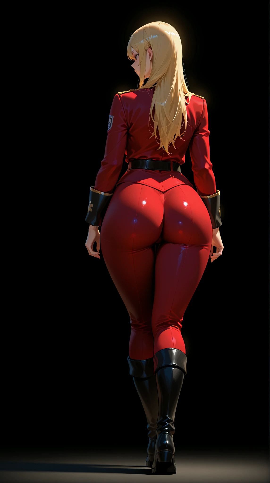 blonde female cosplying cammy bison, dressed in a red cape and a red cape is posing, (((view from the back))), cosplay, cammy, cosplayer, cutesexyrobutts, jessica nigri, glamourous cosplay, range murata and artgerm