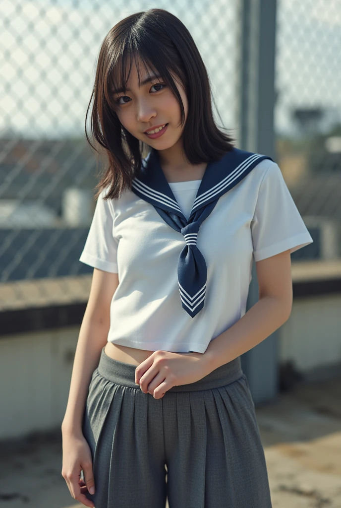 Incredibly cute girl, Super cute 16 year old girl, Cute Face, Baby Face, White skin, (Wearing a sailor suit), Professional Lighting, Tokyo Street, night, Streetscape,City lights,Upper Body,close,smile,, (8k, RAW Photos, Highest quality, masterpiece:1.2),(Realistic, photo-Realistic:1.37),Please lift your skirt、、(Pink panties are visible)、