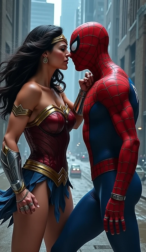 Wonder Woman is in sexual cowgirl position on top of Spider-Man, he is grabbing her ass, he is sitting down, she is sitting on top of his crotch, his mask is off, he is not wearing his mask
