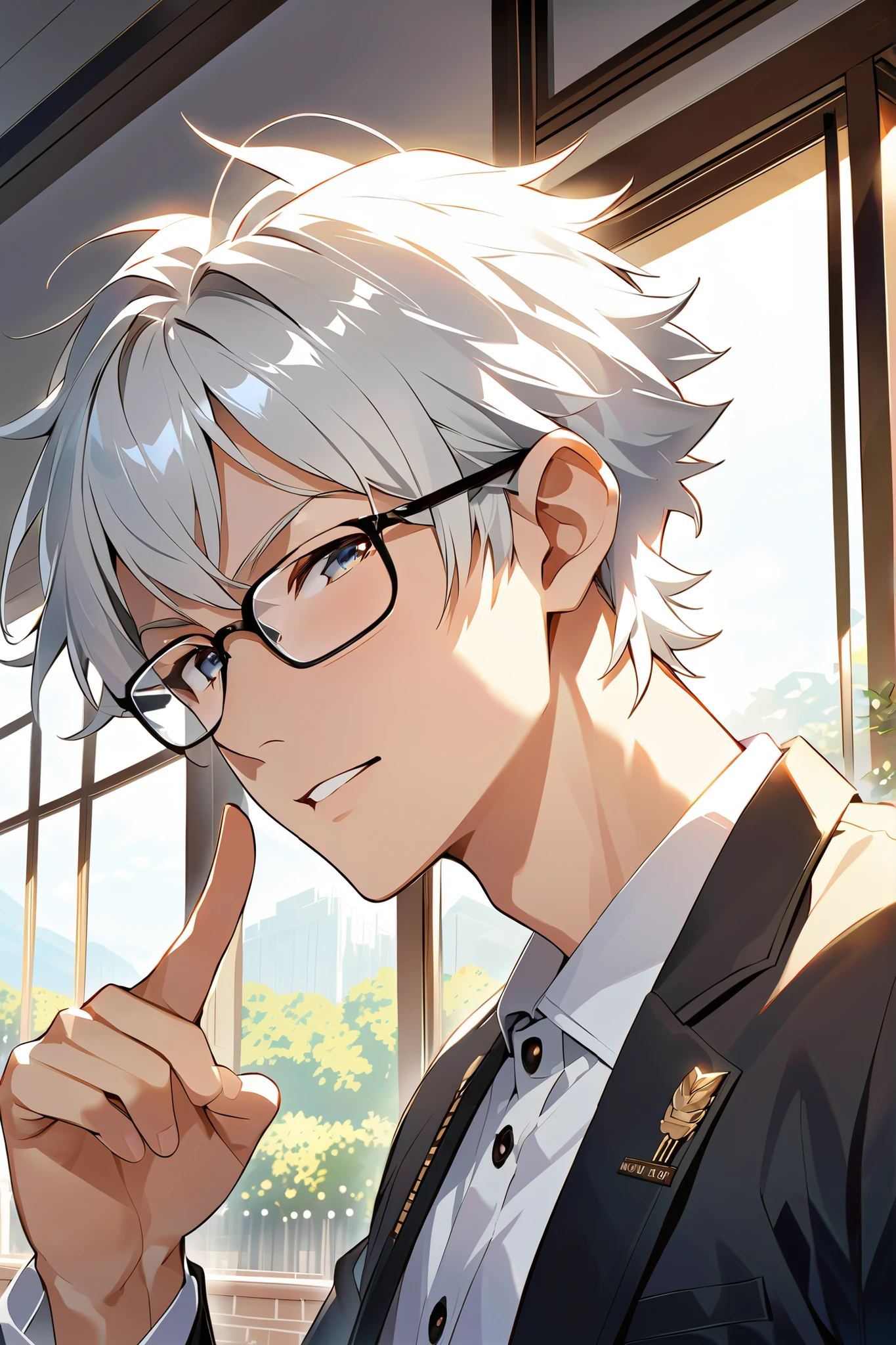 （extremely detailed CG:1.5）、（crisp quality:1.5）、 mature male、solo、Beautiful Youth、 eyes、 white hair、blush、square glasses、Push up the glasses with your finger、 white collared shirt 、noon、 school、 upper body、from side、looking at viewer