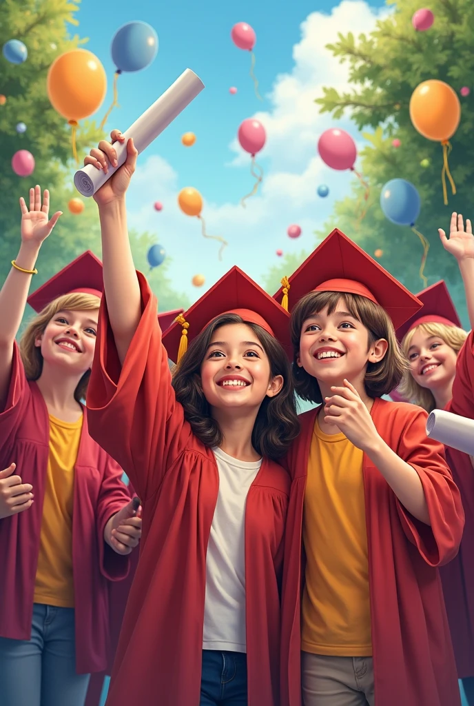 A vibrant school courtyard filled with students carrying backpacks, bouquets of flowers, and teachers greeting them at the gates, with a banner overhead reading "First of September," bathed in soft morning light.