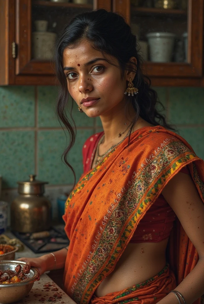Marathi woman, curvy hourglass body, in Desi kitchen