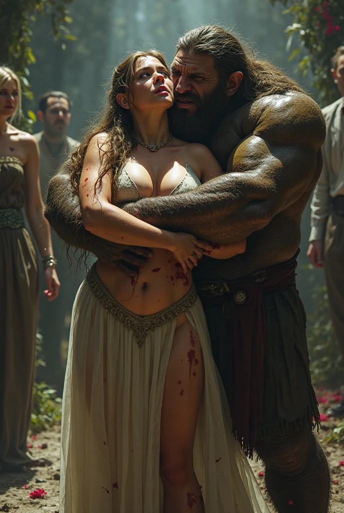 a very muscular male stoic style profile Hercules facing a stoic woman statue with long hair and large breasts wearing ancient Greek clothing