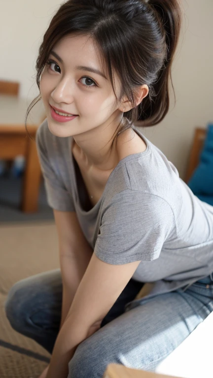 8k, raw photo, (masterpiece), (best quality), highres, (realistic, photo-realistic:1.4), ultra detailed, super_detail, ultra highres, perfect_anatomy, realistic,(((cowboy shot))),pureerosface_v1, ulzzang-6500-v1.1, <lora:HoshiiEmi-11:1>,(smile), ((wearing skirt, white shirt))